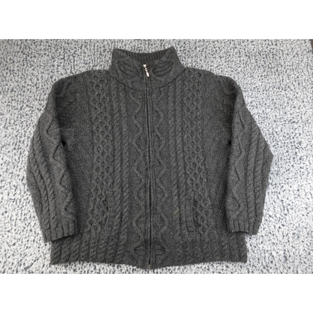 Aran Crafts Cardigan Sweater Mens XL‎ Charcoal Gray Cable Knit 100% Merino Wool